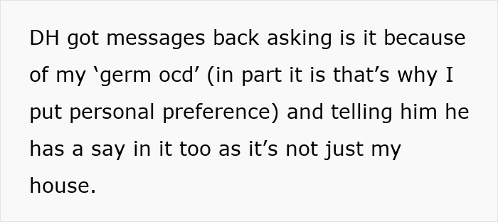 Text message exchange about "germ ocd" and discussing shared decision-making in a house during a family Christmas event.