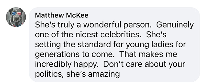 Comment praising Taylor Swift as a wonderful person and role model, highlighting her positive influence.