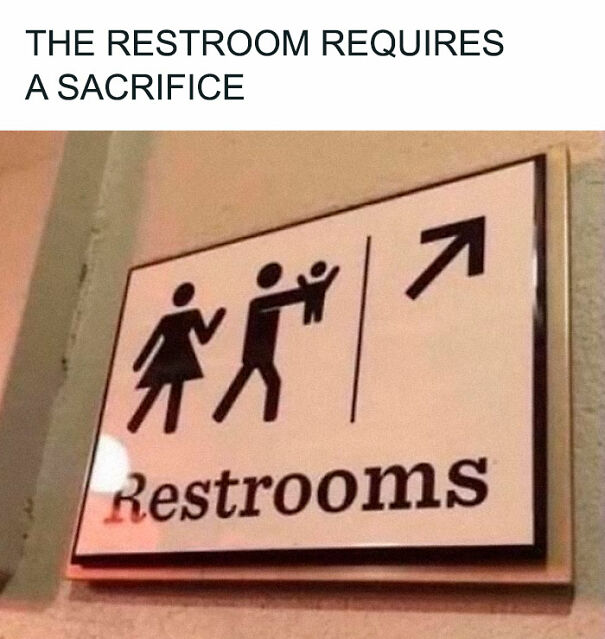 Weird sign of restroom with figures implying a humorous sacrifice.