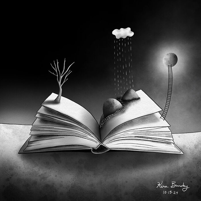 Illustration by artist showing a book with tree and cloud, created to cope with Hurricane Helene.