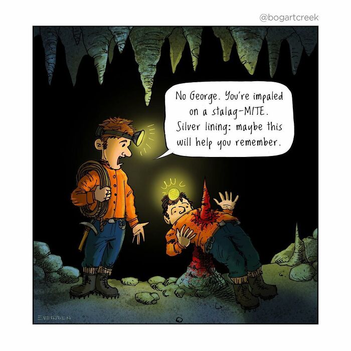 Two explorers in a cave, one impaled on a stalagmite, showcasing dark humor in a one-panel comic by Derek Evernden.