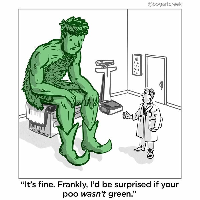 Green giant on a doctor's table with a physician explaining about his green hue, from Derek Evernden's one-panel comic.