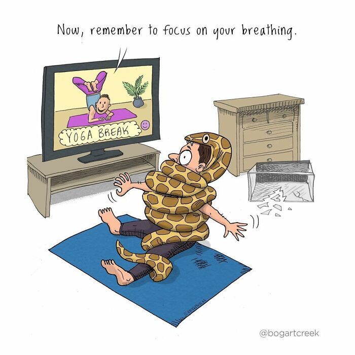 Man doing yoga with snake around him watching TV, referencing hilarious one-panel comics with darker undertones.