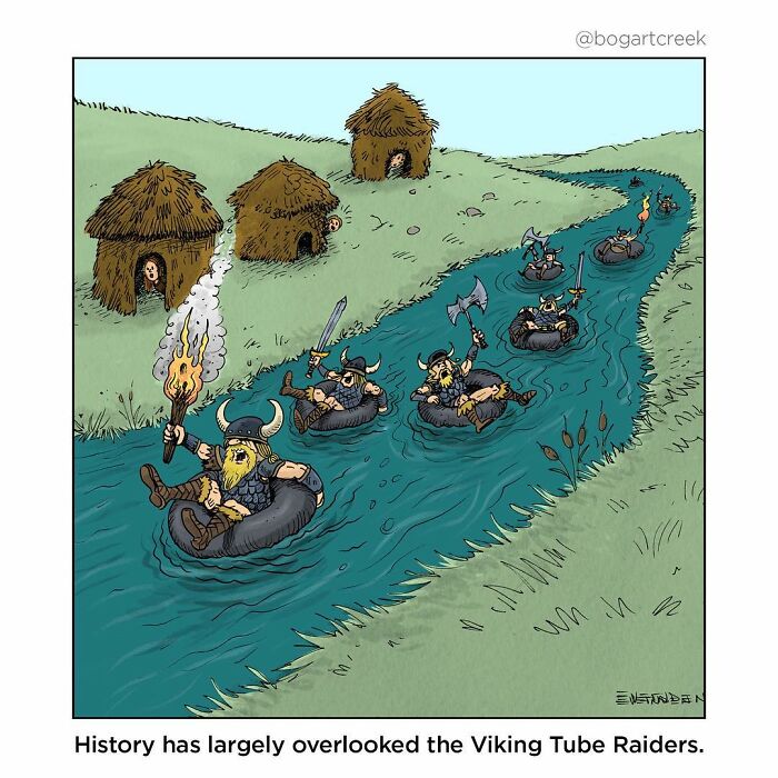 Viking tube raiders float down a stream, showcasing Derek Evernden's humorous one-panel comic style.