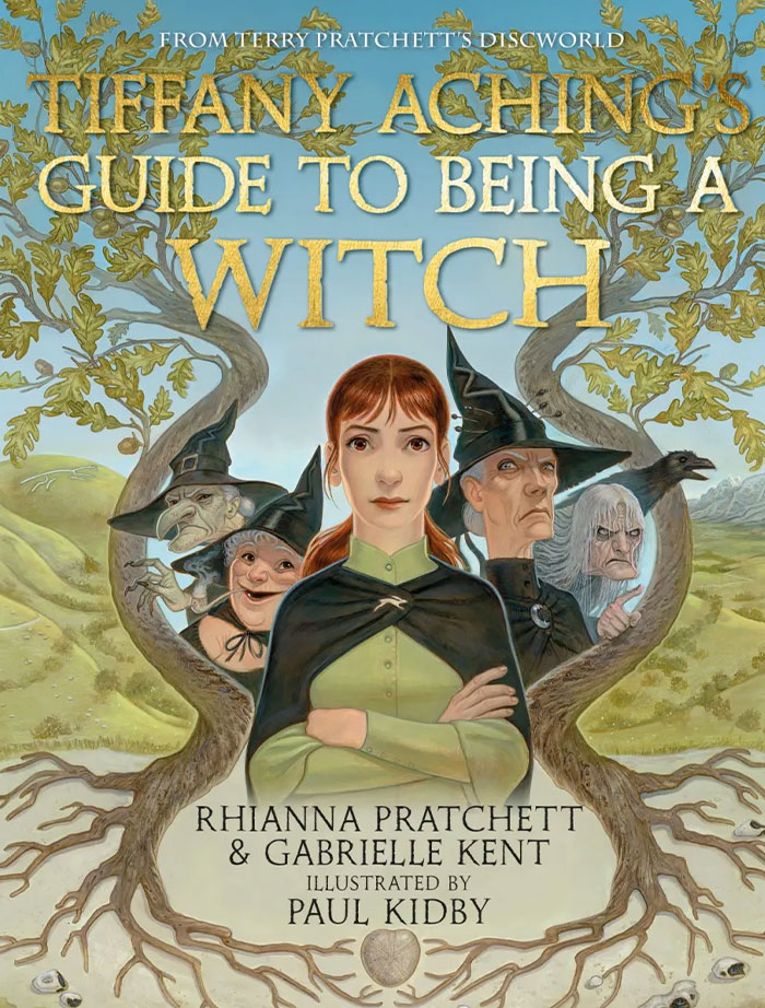 Cover of "Tiffany Aching's Guide to Being a Witch" with a strong female protagonist standing confidently.