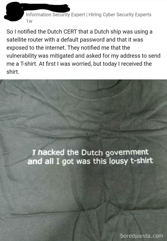 T-shirt printed with "I hacked the Dutch government and all I got was this lousy t-shirt" humorously reflecting meme culture.