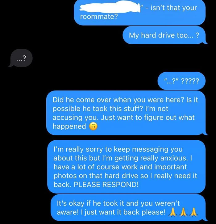 Text messages discussing a roommate possibly stealing stuff from an apartment.