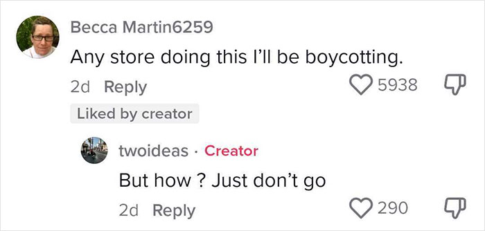 Comments discussing dystopic retail practices, highlighting one user's intent to boycott stores engaging in such tactics.