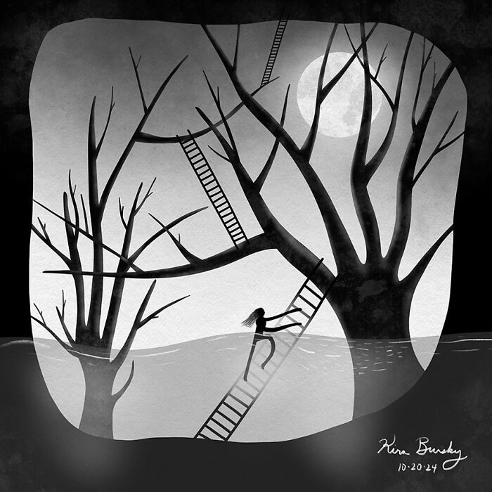 Illustration of a person climbing a ladder among trees during a flood, under the moonlight; inspired by Hurricane Helene.