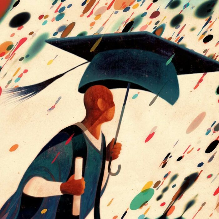 A person stands with an umbrella amid colorful raindrops, blending beauty and melancholy in a vibrant illustration.