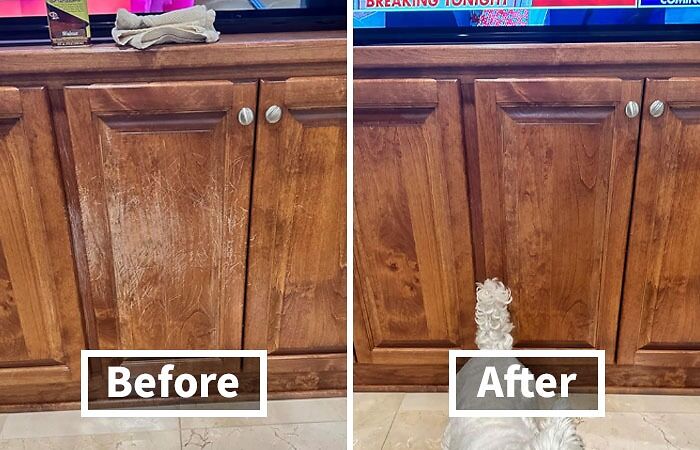 Before and after of wooden cabinet surfaces showing improvements from Reddit room upgrades.