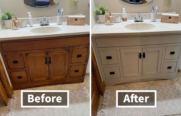 Bathroom vanity before and after Reddit room upgrades, showing a transformation from wooden to sleek white design.