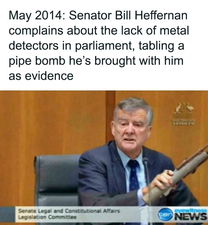 Senator displaying object as evidence in parliament, illustrating chaotic good methods for security concerns.