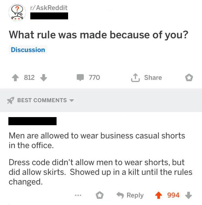 Reddit post about a chaotic good action: wearing a kilt to change dress code rules on shorts in the office.