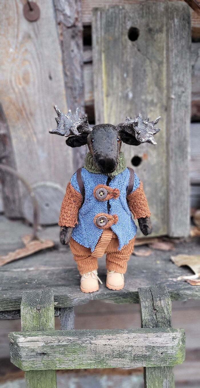 Vintage Plush From The 50-60s, Glass Eyes, Wood Sawdust Inside, His Wonderful Horns Are Made Of Papier-Mâché, Dressed In A Knitted Sweater With Rusty Buttons Corduroy Trousers And Comfortable Shoes