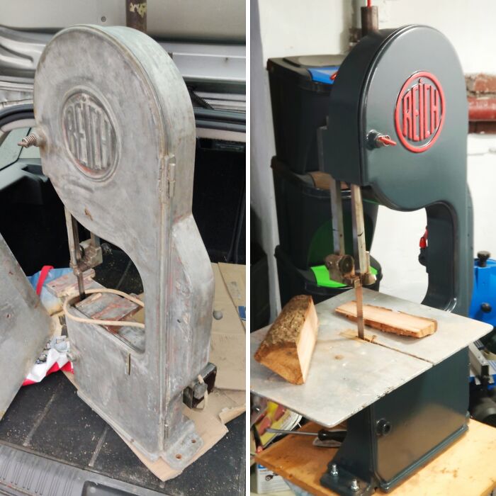 Old band saw restoration; before and after transformation showing vintage equipment revitalized into working condition.