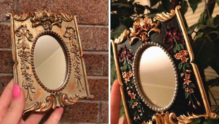 Hand holding an ornate mirror frame before and after restoration, highlighting intricate floral details in Old-Things-Restoration.