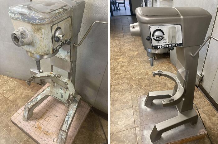 Old mixer restoration showing before and after, highlighting the transformation and refurbishment.