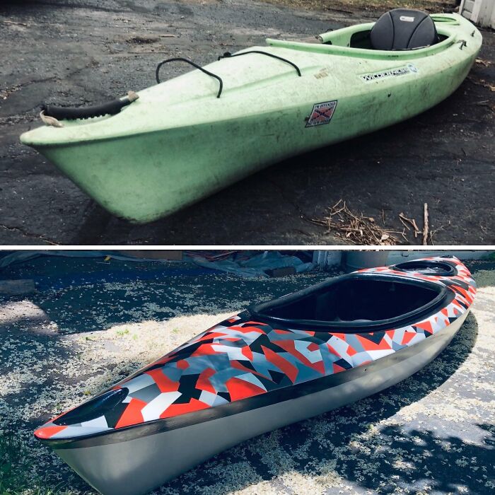 Restored kayak with vibrant design shows transformation; a prime example of old-things restoration success.