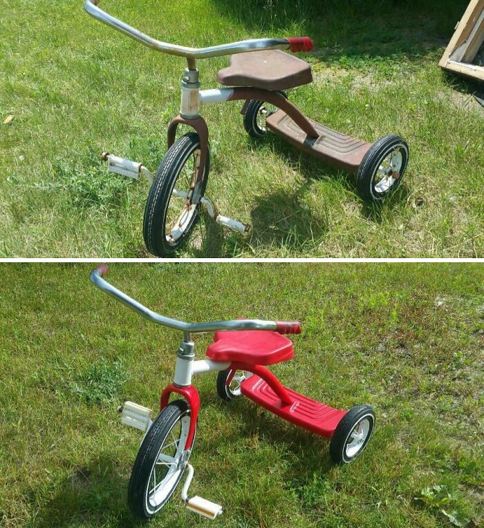 Restored tricycle with a fresh red seat and handlebars in a grassy area, showcasing old things restoration.