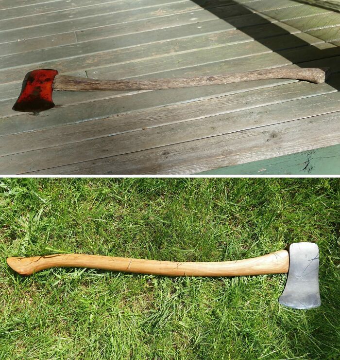 Restored old axe showing transformation from worn-out to polished condition on wooden and grassy backgrounds.