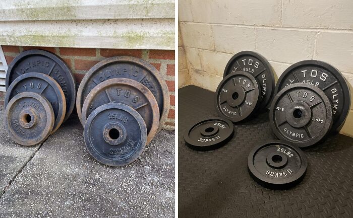 Old things restoration of weight plates, shown before and after cleaning and repainting.