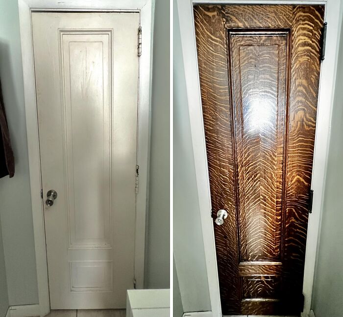 Restored wooden door; left side painted white, right side with polished natural finish showing grain details.