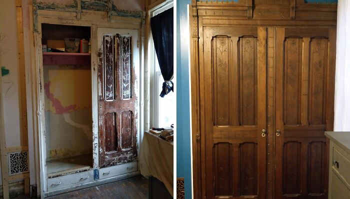 Restored wooden closet doors, before and after restoration, highlighting the transformation of old things.