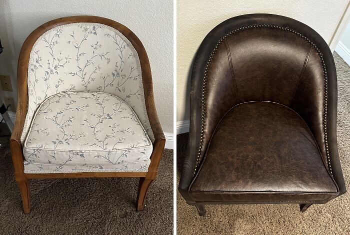 Restored old chair comparison: one with floral fabric, the other with dark leather finish, showcasing restoration skills.