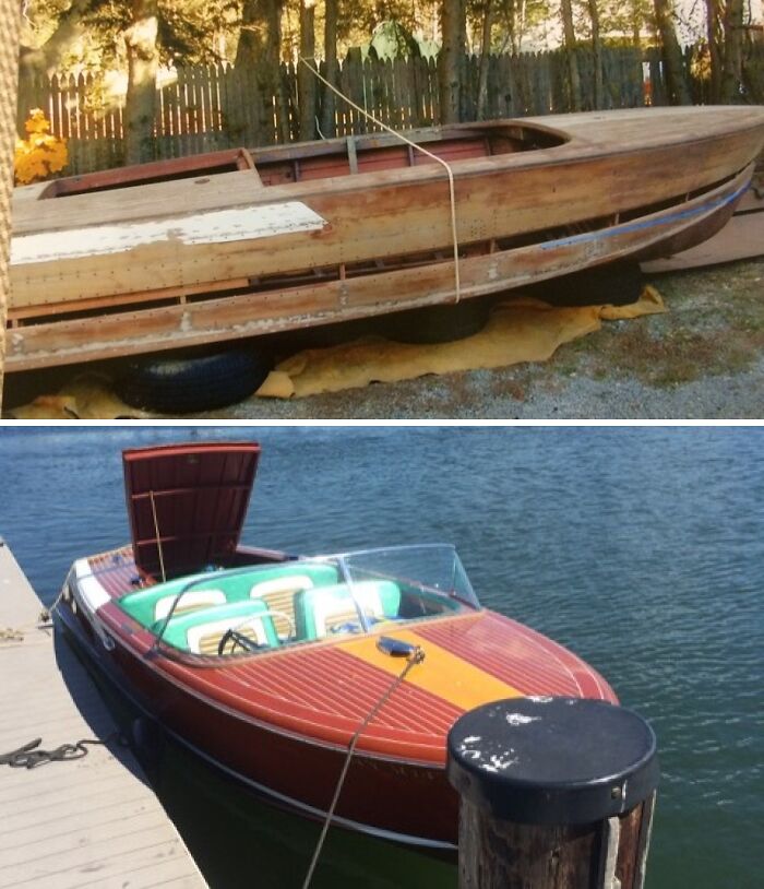 Restored antique boat showing transformation from worn wood to polished finish on water.