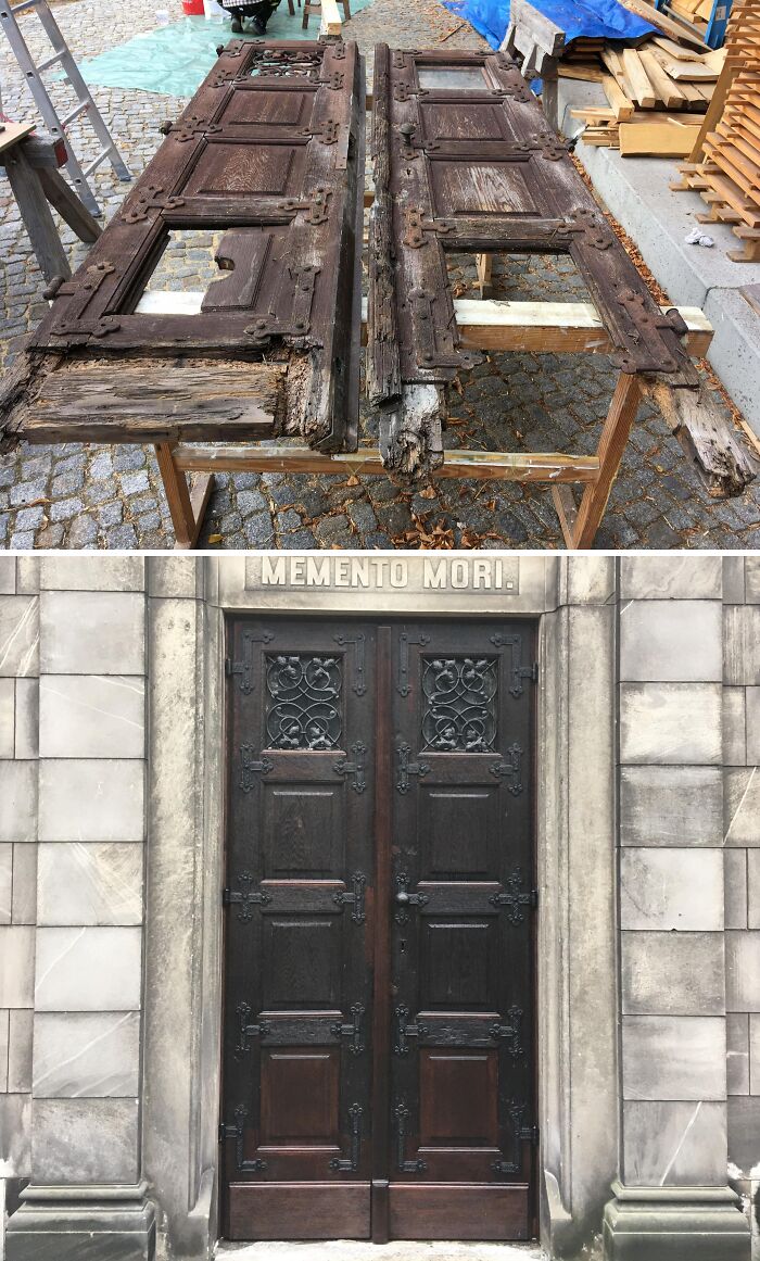 Old wooden doors before and after restoration, showcasing transformation and craftsmanship.