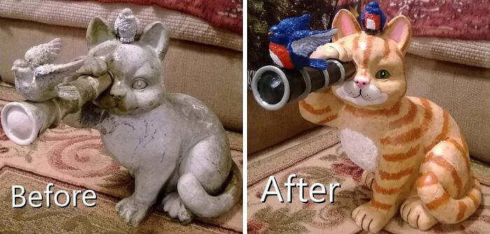 Old-things restoration of a cat sculpture, before and after transformation, showing color and detail enhancement.