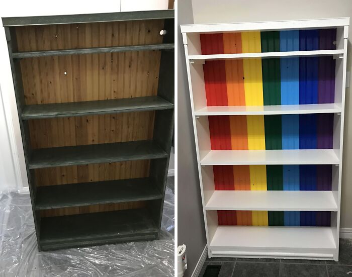 Old bookshelf restored, painted white with a rainbow background, showing a vibrant transformation.