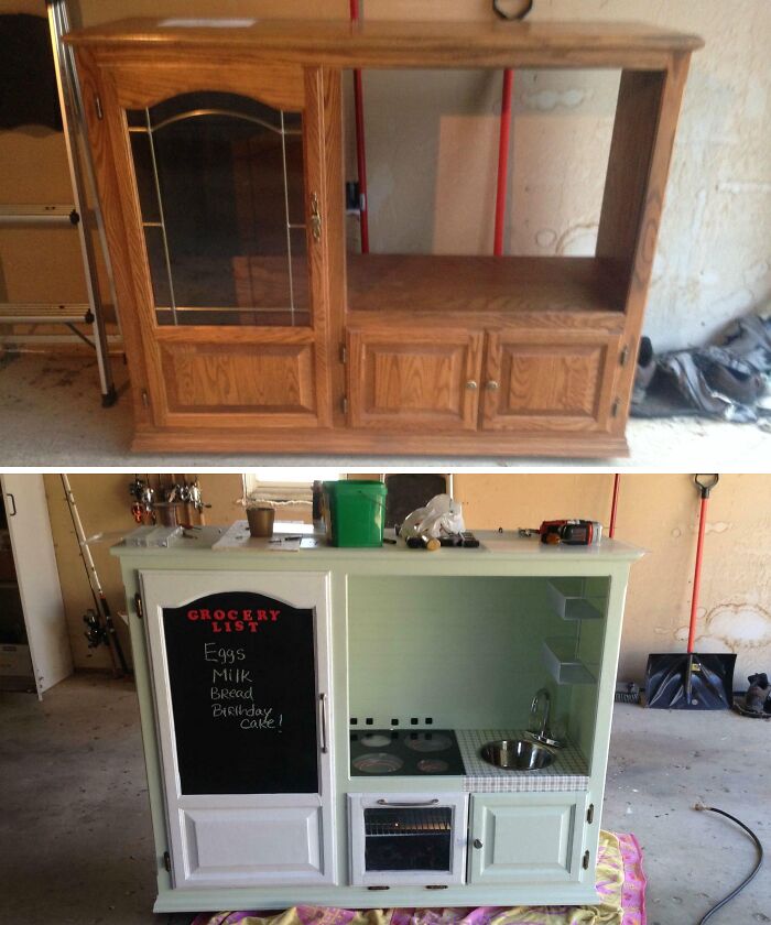 Old furniture restoration showing a cabinet transformed into a children's play kitchen with a chalkboard.