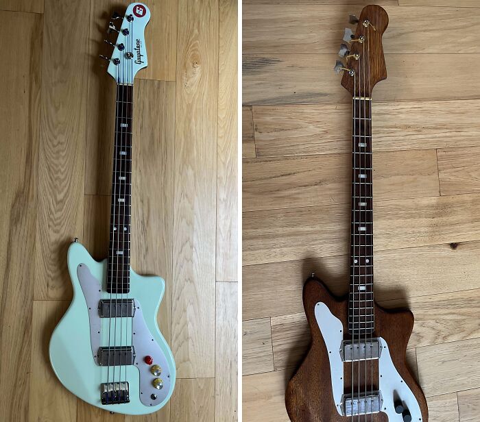 Restored vintage guitars on wooden floor, showing before and after transformation.