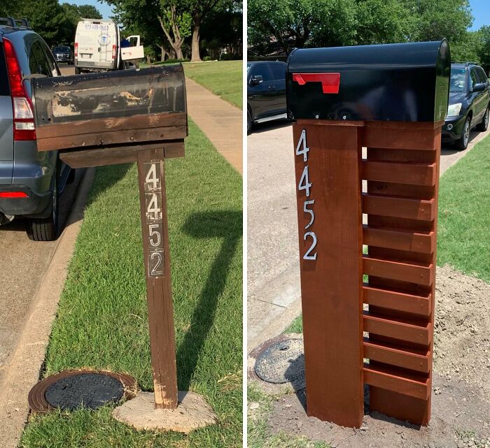 Old mailbox restored to new condition, showing transformation from worn to polished with fresh wood and paint.