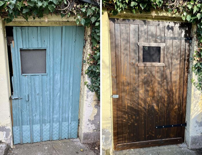 Old door restoration with before and after images; blue worn door transformed into polished wooden one.