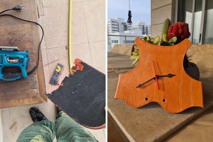 Restored skateboard piece transformed into a unique clock with plants for old-things restoration artistry.