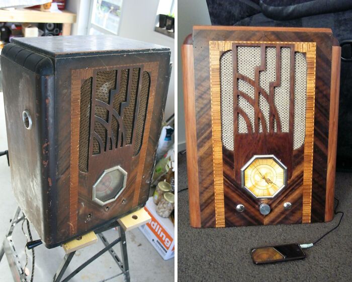 Before and after restoration of an old radio, showcasing detailed craftsmanship improvements.