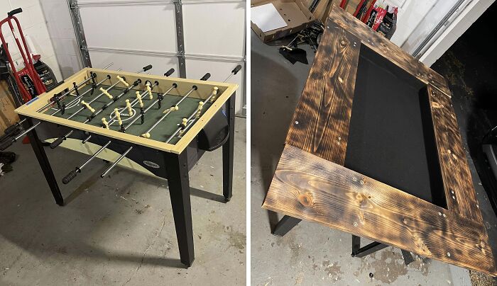 Restored foosball table transformed into a stylish wooden desk, showcasing Old-Things-Restoration.