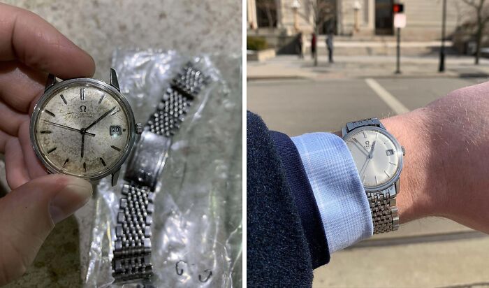 Restored vintage Omega watch before and after, showcasing restoration of old things.