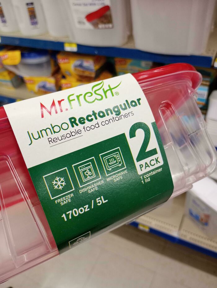 Misleading packaging design of Mr. Fresh jumbo food container showing 2 pack with only one lid visible.