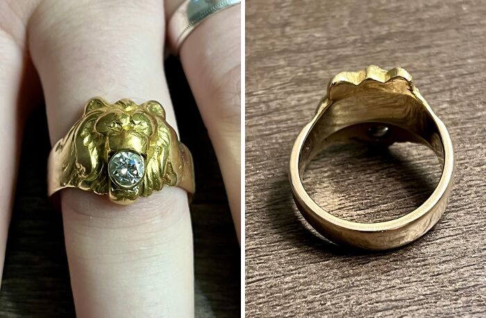 Gold lion ring with diamond, a unique inheritance piece, shown from top and side views on a wooden surface.