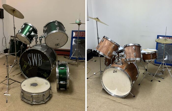 Restored drum set with polished wood finish, showcasing old-things restoration skills, side by side with original worn set.