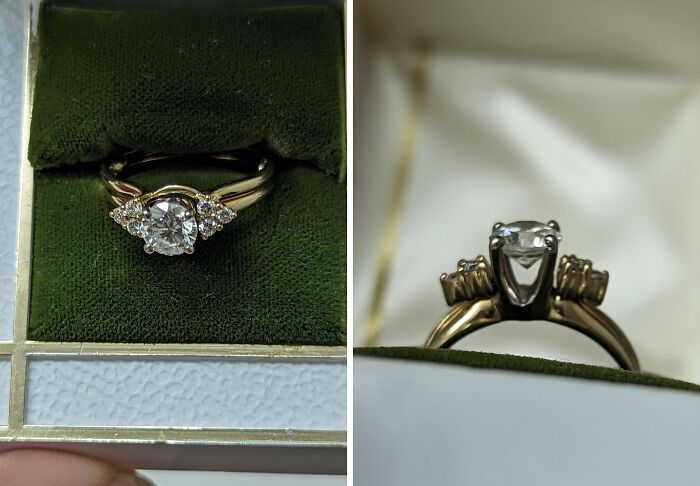 Diamond rings in a green box, showcasing a beautiful inheritance piece.