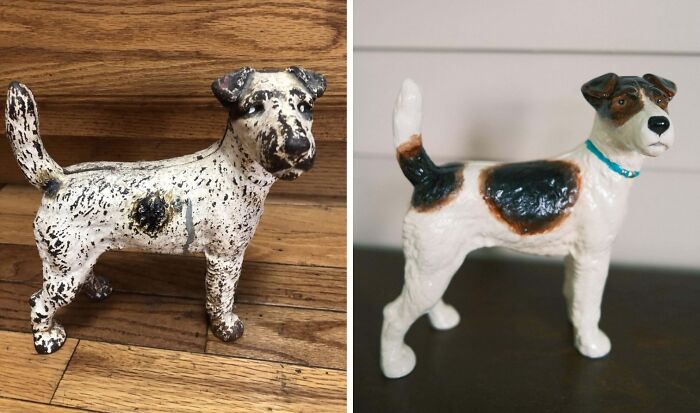 Restored vintage dog figurine before and after, showcasing old-things restoration process with improved color and detail.