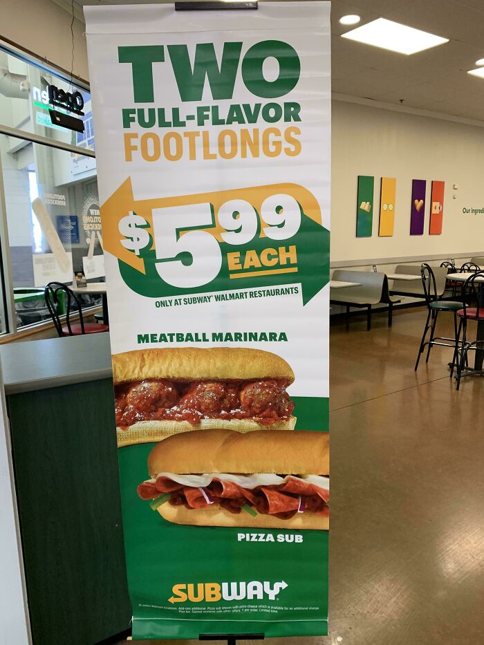 Subway banner advertising two footlong subs for $5.99 each, showcasing deceptive-marketing-techniques.