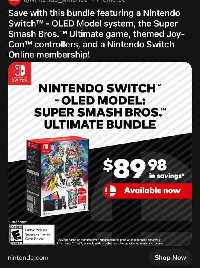 Nintendo Switch OLED bundle with Super Smash Bros., highlighting deceptive marketing techniques of savings.