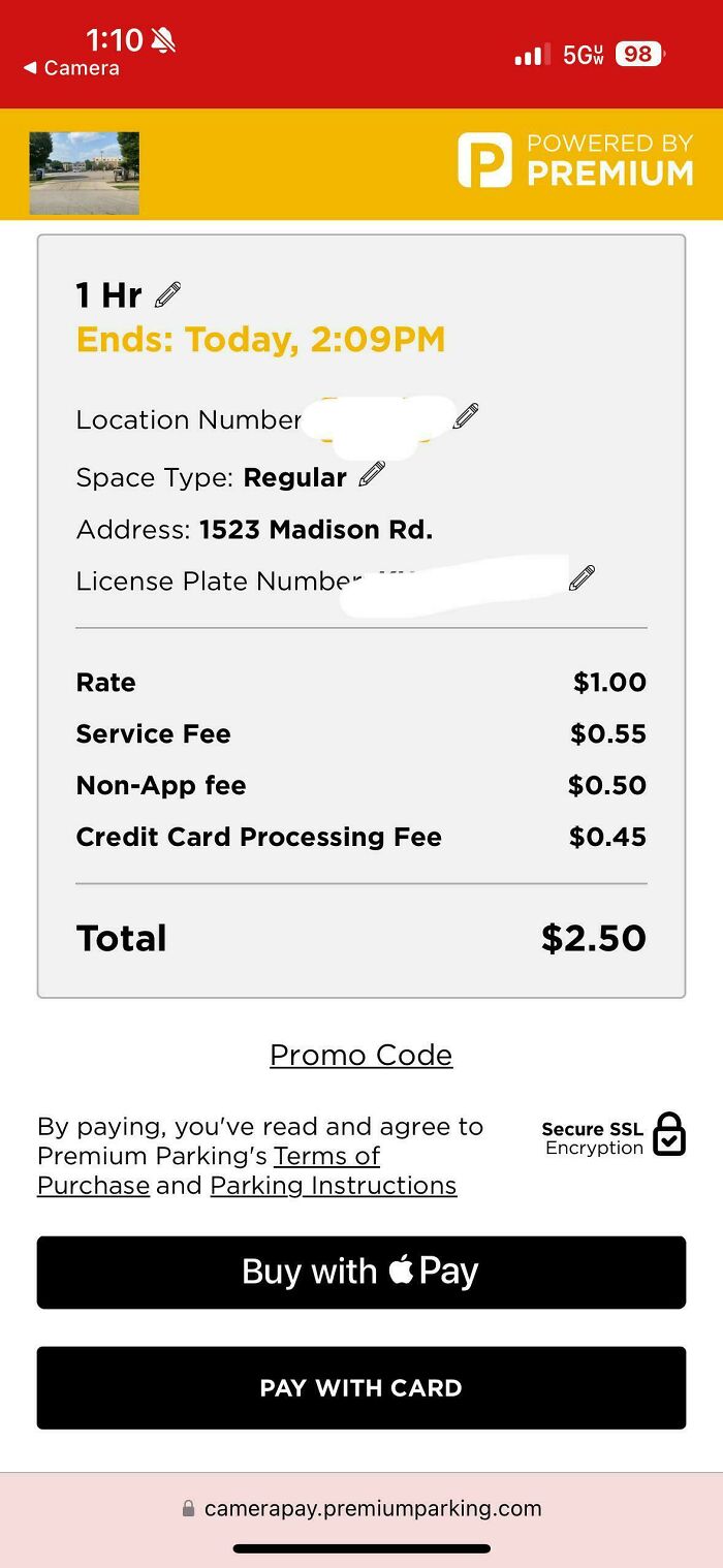 Parking payment screen highlighting deceptive-marketing-techniques in extra fees for service, non-app use, and credit card processing.