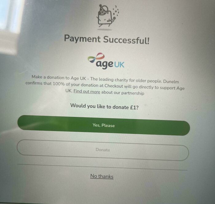 Deceptive marketing techniques prompt donation to Age UK after payment is successful.